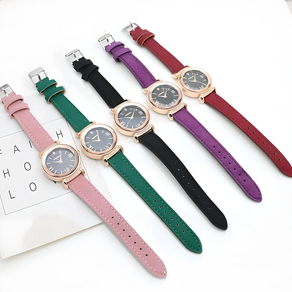 Gogoey Modern Elegant Women's Watch with stainless steel rose-gold case, hardlex crystal, and adjustable PU leather strap