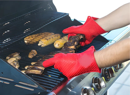 Premium heat-resistant silicone BBQ gloves in red color with five-fingered design and non-slip grip