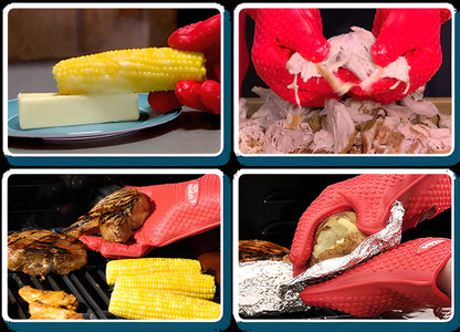 Premium heat-resistant silicone BBQ gloves in red color with five-fingered design and non-slip grip