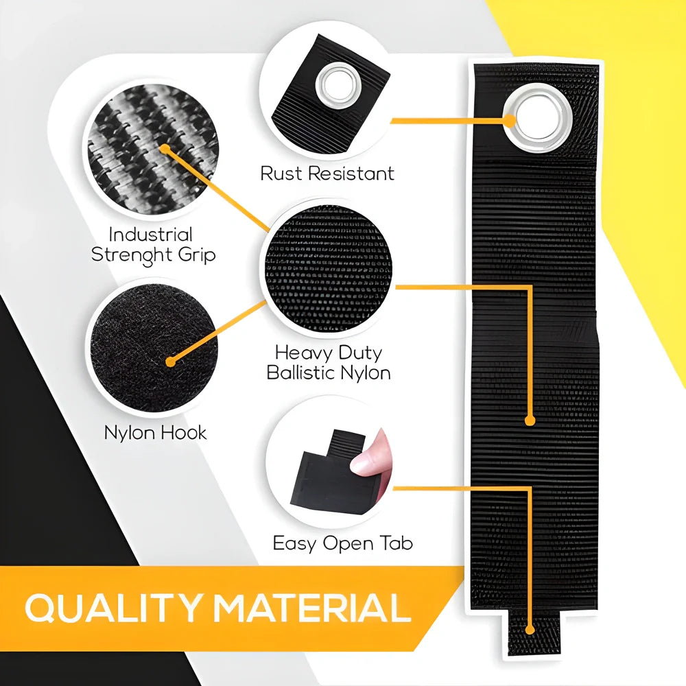 Heavy-Duty Cord & Cable Organizer Straps made from durable ballistic nylon with rust-resistant metal grommet for easy hanging and storage up to 75 lbs