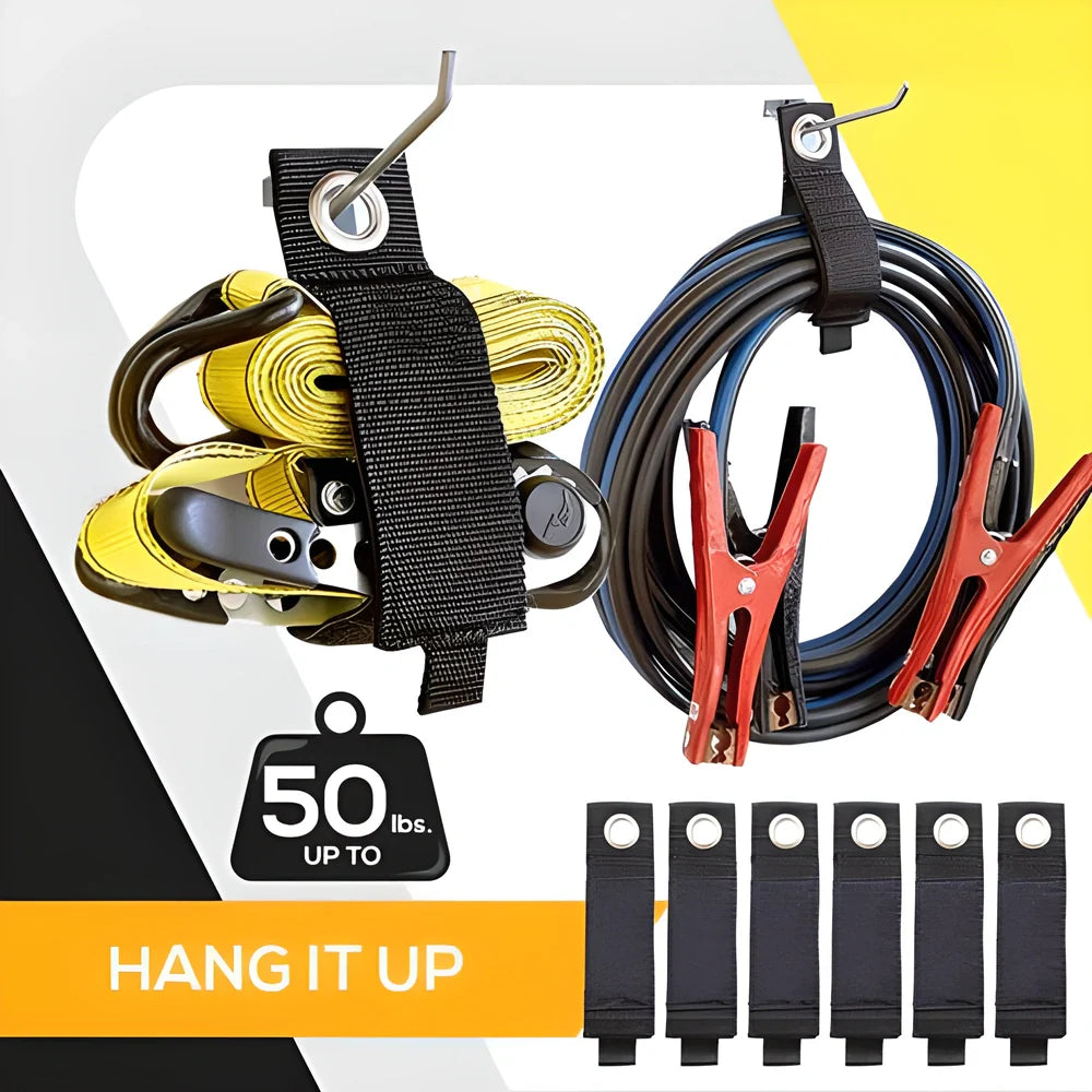 Heavy-Duty Cord & Cable Organizer Straps made from durable ballistic nylon with rust-resistant metal grommet for easy hanging and storage up to 75 lbs