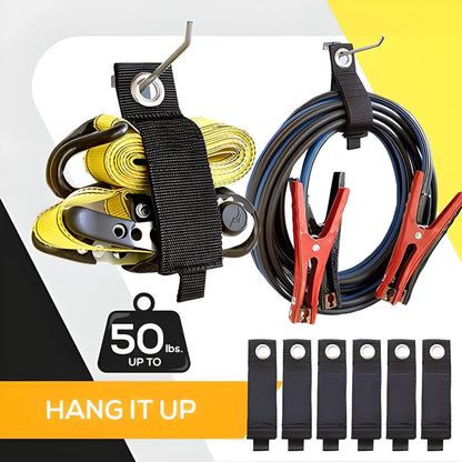 Heavy-Duty Cord & Cable Organizer Straps made from durable ballistic nylon with rust-resistant metal grommet for easy hanging and storage up to 75 lbs