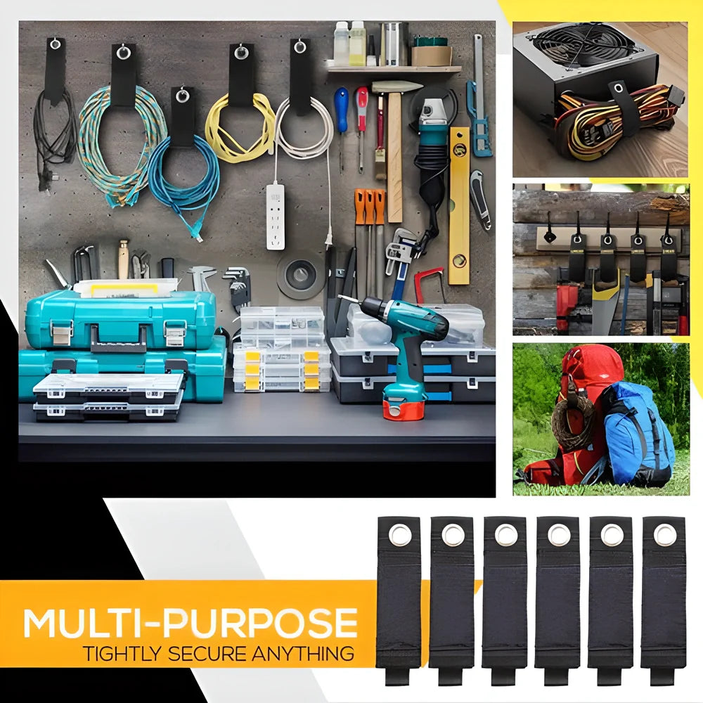 Heavy-Duty Cord & Cable Organizer Straps made from durable ballistic nylon with rust-resistant metal grommet for easy hanging and storage up to 75 lbs