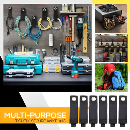 Heavy-Duty Cord & Cable Organizer Straps made from durable ballistic nylon with rust-resistant metal grommet for easy hanging and storage up to 75 lbs