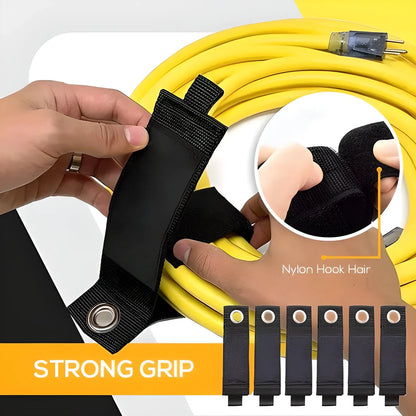 Heavy-Duty Cord & Cable Organizer Straps made from durable ballistic nylon with rust-resistant metal grommet for easy hanging and storage up to 75 lbs