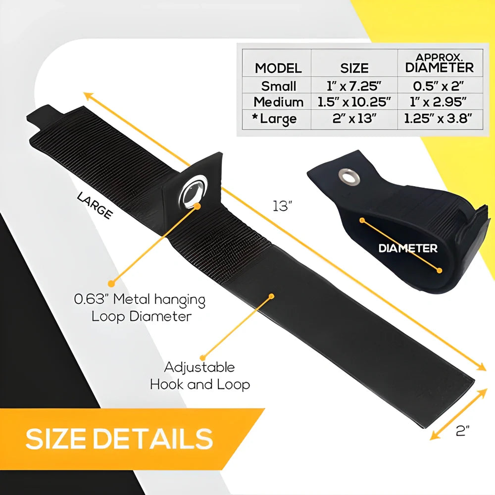 Heavy-Duty Cord & Cable Organizer Straps made from durable ballistic nylon with rust-resistant metal grommet for easy hanging and storage up to 75 lbs