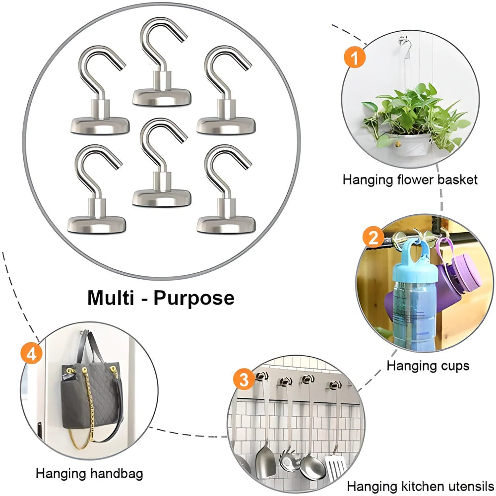 Sturdy magnetic hooks in black and silver colors, capable of holding up to 3kg of weight on any magnetic surface.