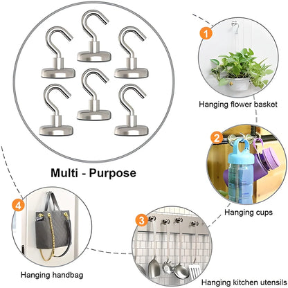 Sturdy magnetic hooks in black and silver colors, capable of holding up to 3kg of weight on any magnetic surface.
