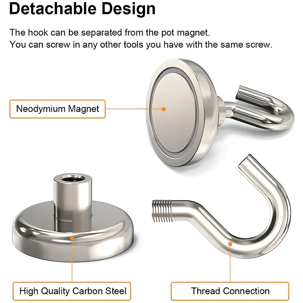 Sturdy magnetic hooks in black and silver colors, capable of holding up to 3kg of weight on any magnetic surface.