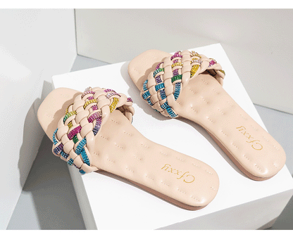 Stylish square-toe flat sandals with colorful diamond embroidery and a rubber sole for comfort and support