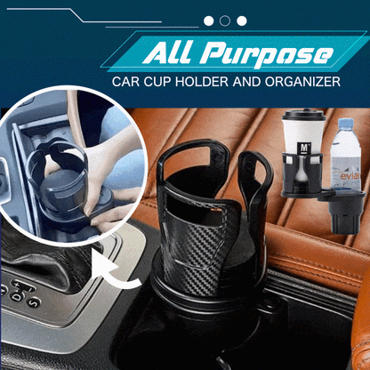 Multipurpose Car Cup Holder and Organizer with rotating design, adjustable cup mouth, and non-slip base
