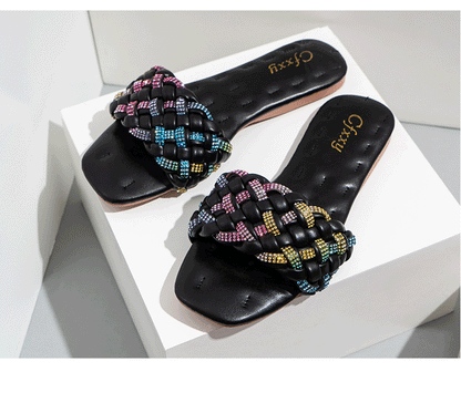 Stylish square-toe flat sandals with colorful diamond embroidery and a rubber sole for comfort and support