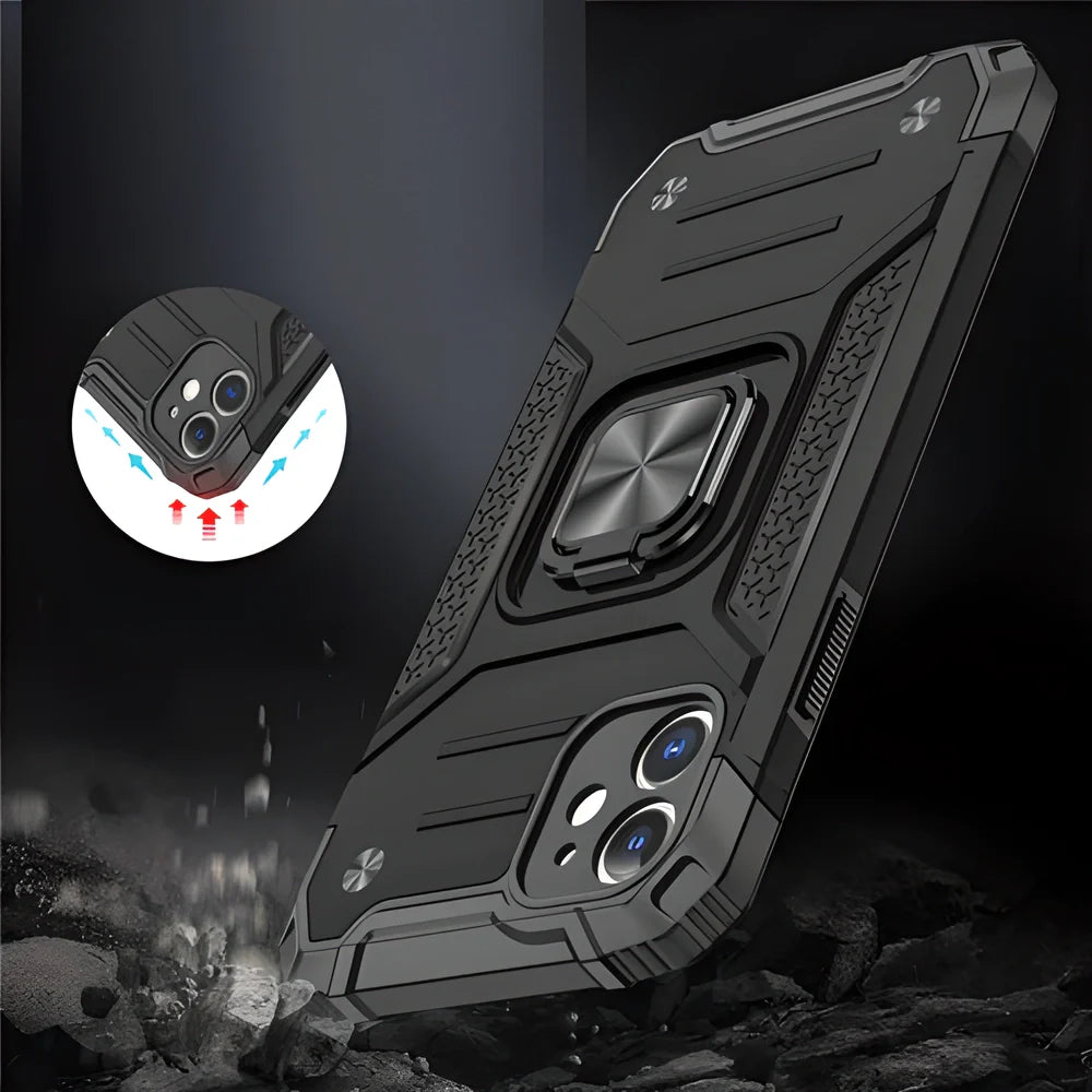 Heavy duty black metal phone case with 360-degree rotating finger ring for secure grip and hands-free stand