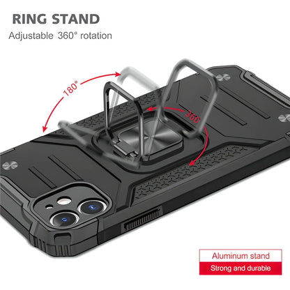 Heavy duty black metal phone case with 360-degree rotating finger ring for secure grip and hands-free stand