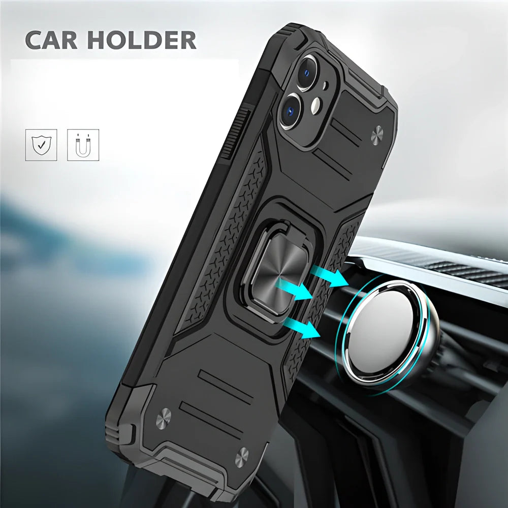 Heavy duty black metal phone case with 360-degree rotating finger ring for secure grip and hands-free stand