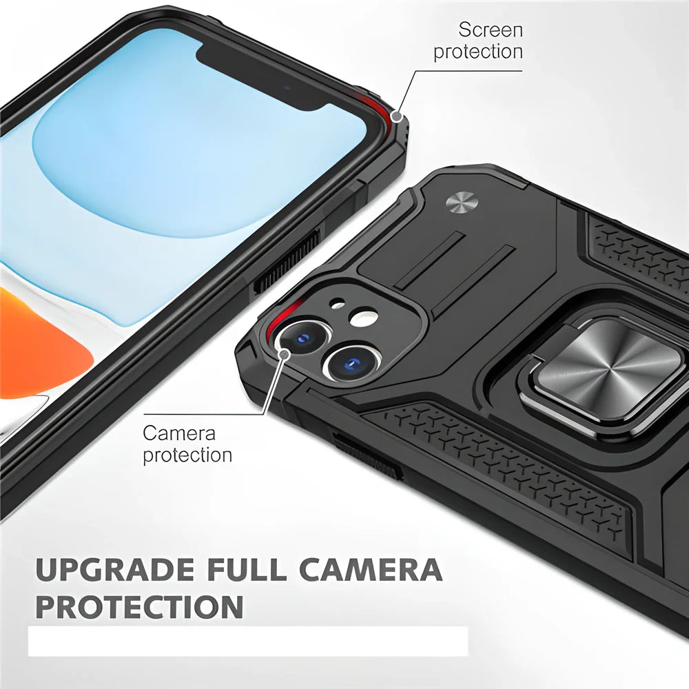 Heavy duty black metal phone case with 360-degree rotating finger ring for secure grip and hands-free stand