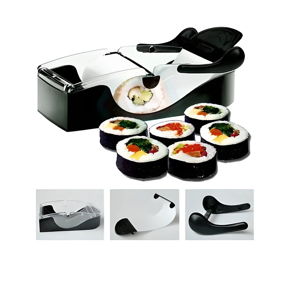 A sleek, compact sushi roller machine with black and transparent components for easy, effortless homemade sushi creation