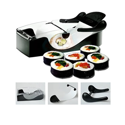 A sleek, compact sushi roller machine with black and transparent components for easy, effortless homemade sushi creation