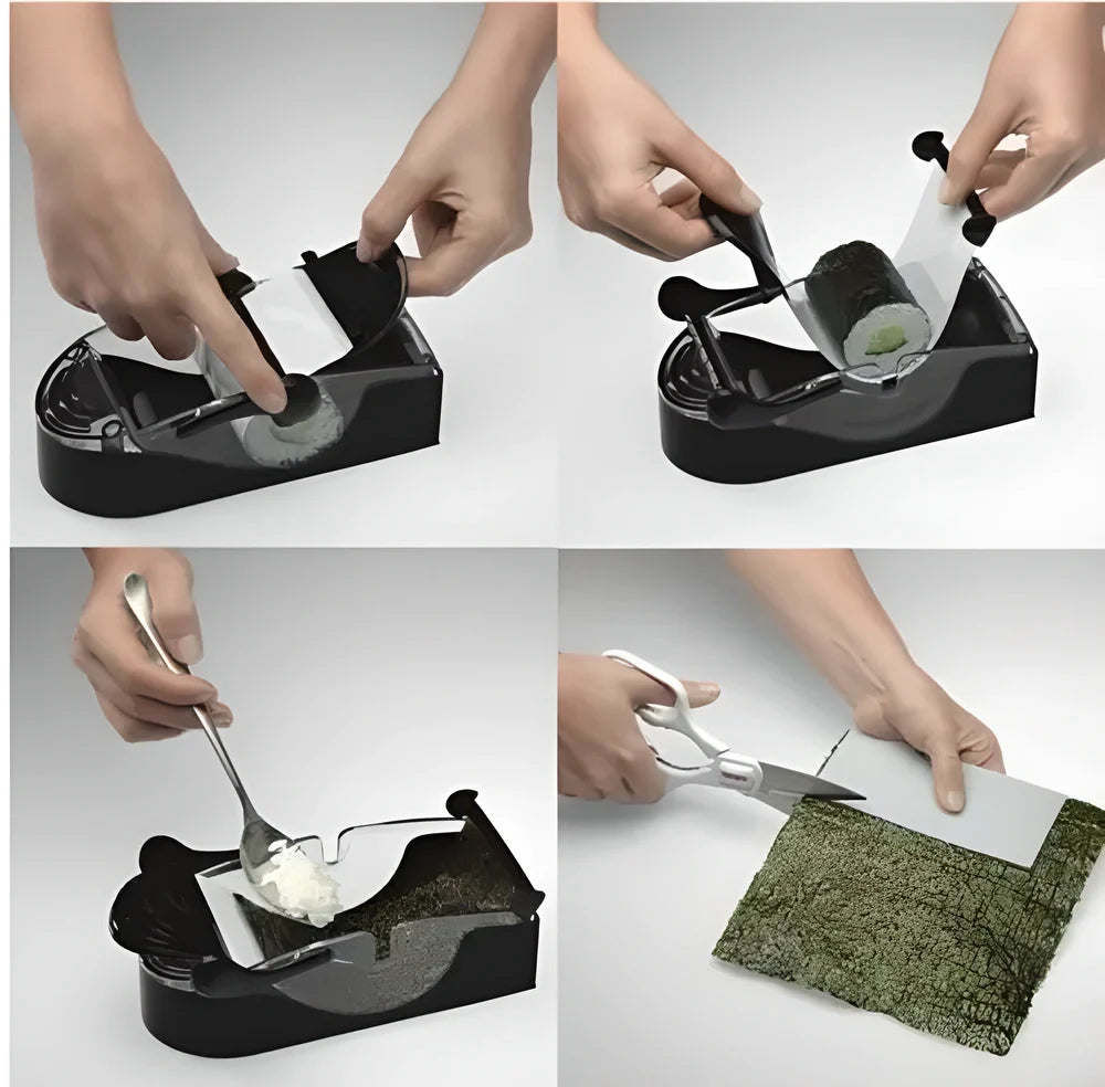 A sleek, compact sushi roller machine with black and transparent components for easy, effortless homemade sushi creation