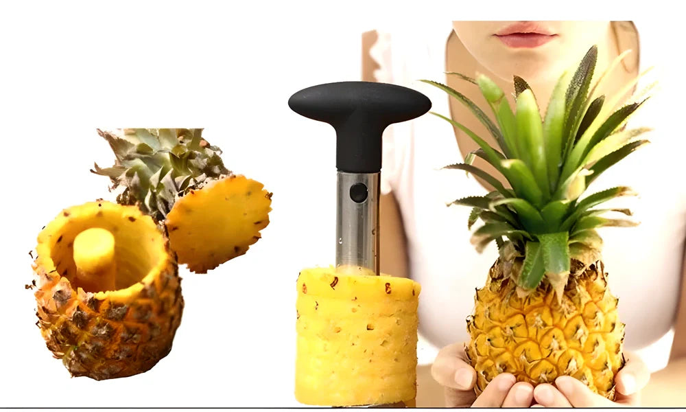 Pineapple Easy Slicer with stainless steel blade, ergonomic handle, and height markings for effortless pineapple preparation