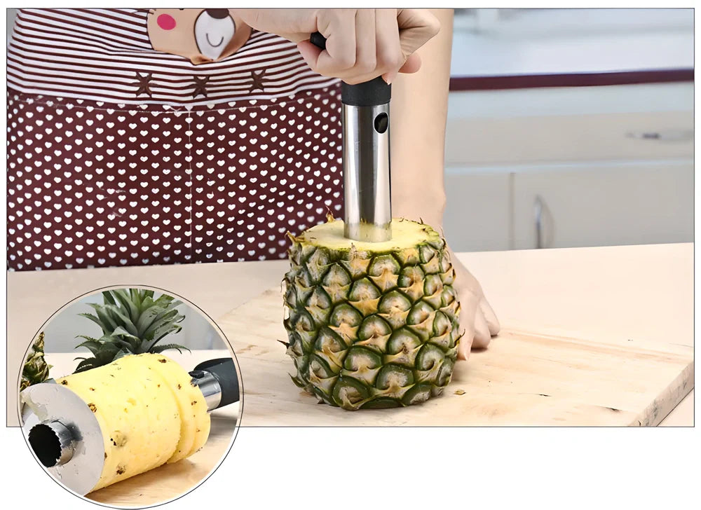 Pineapple Easy Slicer with stainless steel blade, ergonomic handle, and height markings for effortless pineapple preparation