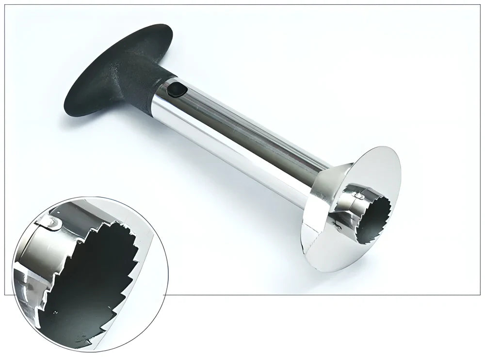 Pineapple Easy Slicer with stainless steel blade, ergonomic handle, and height markings for effortless pineapple preparation