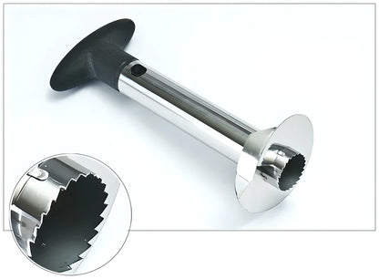 Pineapple Easy Slicer with stainless steel blade, ergonomic handle, and height markings for effortless pineapple preparation