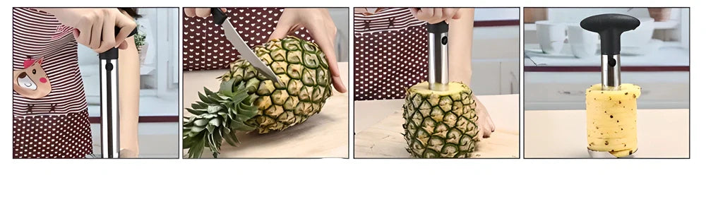 Pineapple Easy Slicer with stainless steel blade, ergonomic handle, and height markings for effortless pineapple preparation