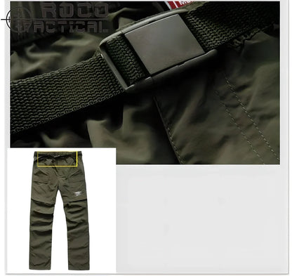 Convertible cargo pants with detachable legs and adjustable belt for versatile outdoor wear