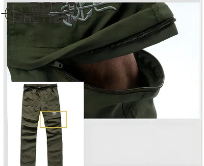 Convertible cargo pants with detachable legs and adjustable belt for versatile outdoor wear