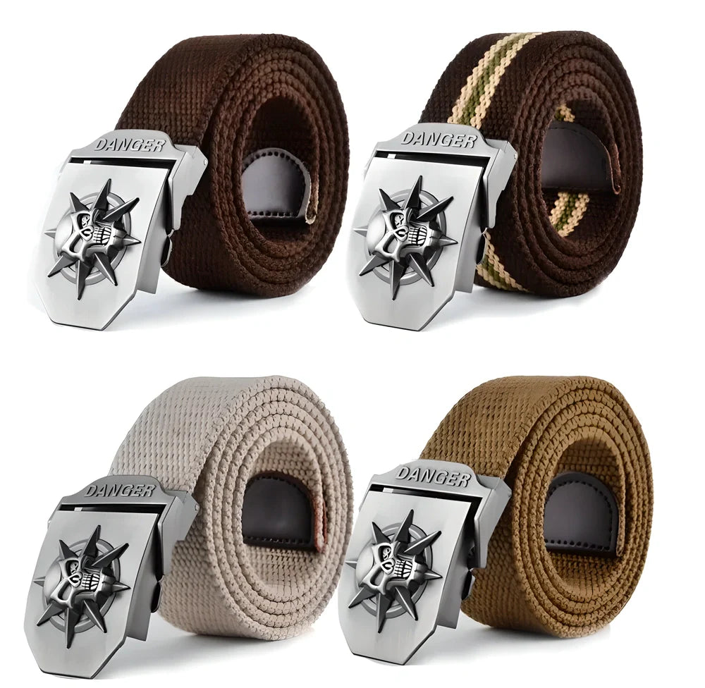 Durable alloy buckle tactical belt with a skull design, made of sturdy canvas material for everyday use and tactical applications