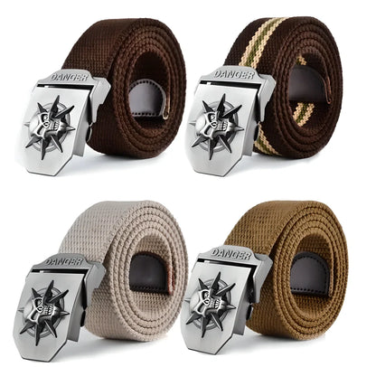 Durable alloy buckle tactical belt with a skull design, made of sturdy canvas material for everyday use and tactical applications