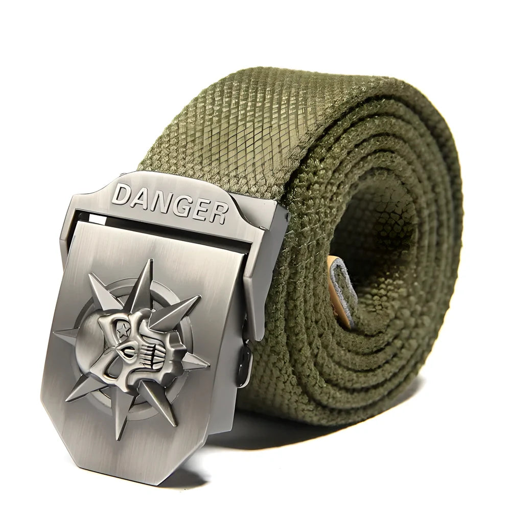 Durable alloy buckle tactical belt with a skull design, made of sturdy canvas material for everyday use and tactical applications