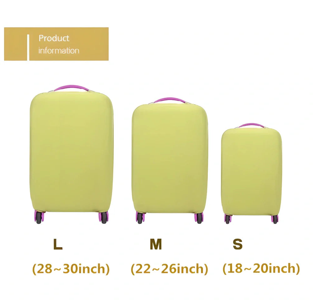 Durable suitcase protector covers made of polyester spandex material, available in various colors and sizes to fit 18-30 inch luggage.