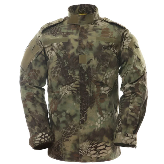 Rugged military-grade BDU jacket with multiple pockets, reinforced elbows, and adjustable sleeve buttons for a customized fit