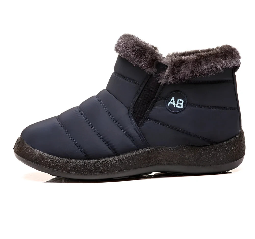 A pair of women's waterproof and warm winter boots in a variety of colors, including black, red, blue, and brown.