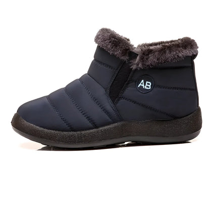A pair of women's waterproof and warm winter boots in a variety of colors, including black, red, blue, and brown.