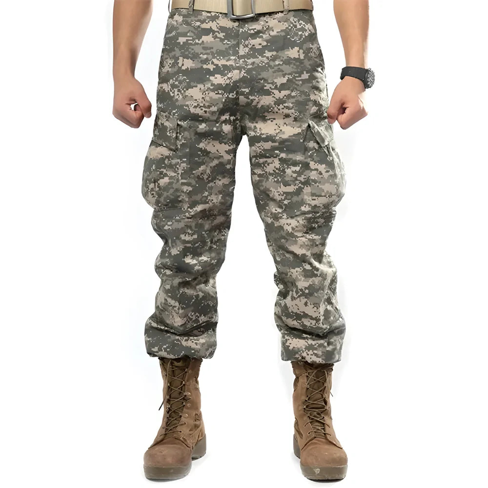 Durable and versatile camo cargo pants with reinforced knees, adjustable waistband, and multiple pockets