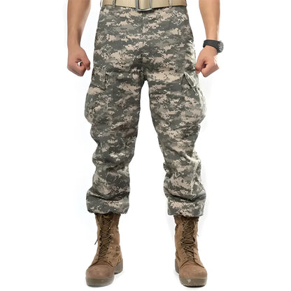 Durable and versatile camo cargo pants with reinforced knees, adjustable waistband, and multiple pockets