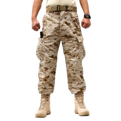Durable and versatile camo cargo pants with reinforced knees, adjustable waistband, and multiple pockets