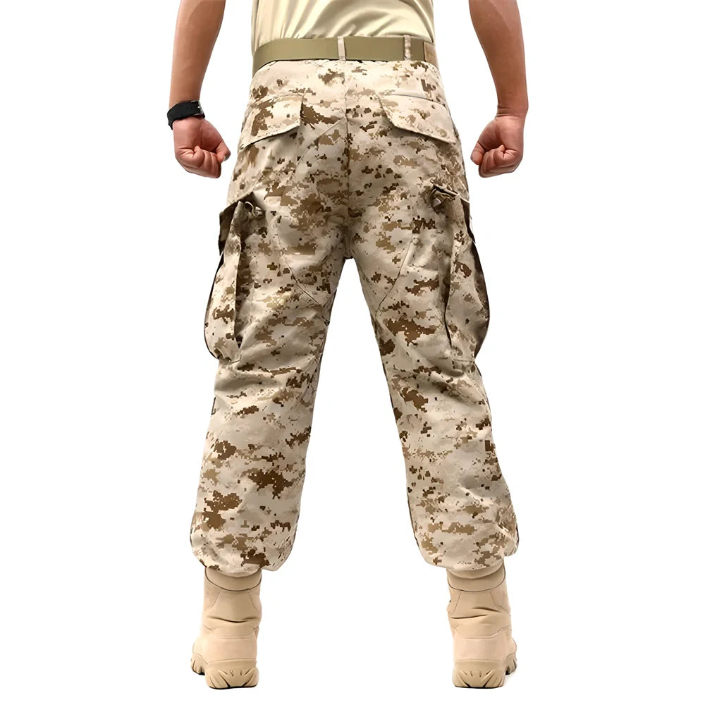 Durable and versatile camo cargo pants with reinforced knees, adjustable waistband, and multiple pockets