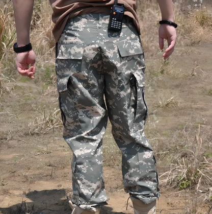 Durable and versatile camo cargo pants with reinforced knees, adjustable waistband, and multiple pockets